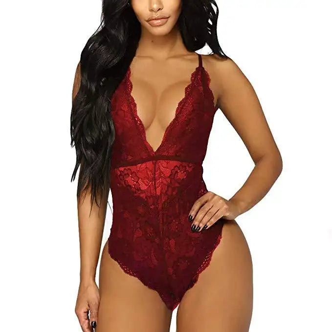 Youngwill Women Sexy Lace Deep V Bodysuit  Lingerie