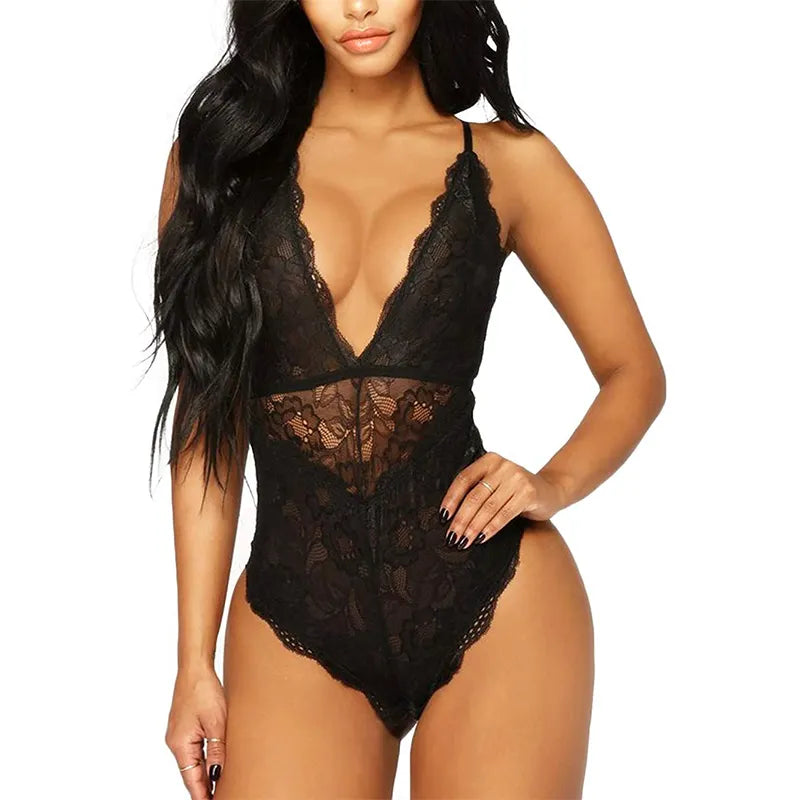 Youngwill Women Sexy Lace Deep V Bodysuit  Lingerie