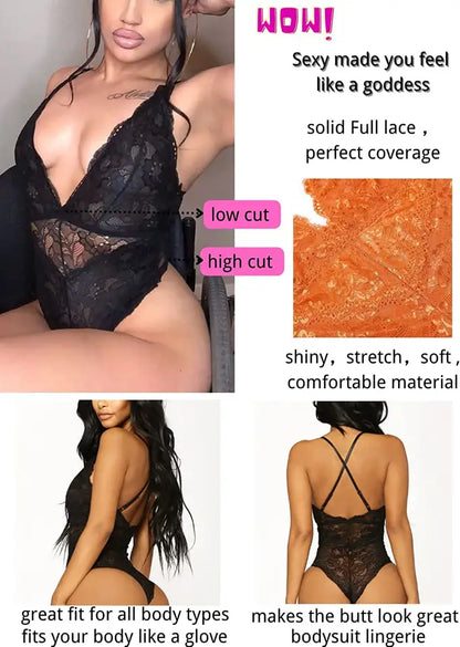 Youngwill Women Sexy Lace Deep V Bodysuit  Lingerie