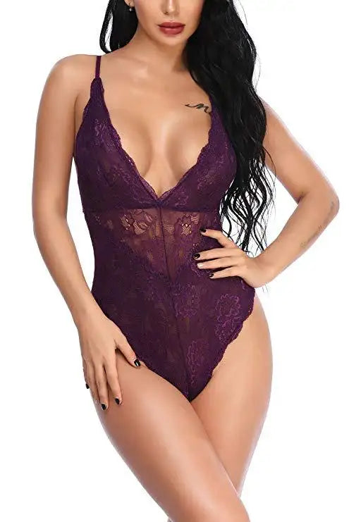 Youngwill Women Sexy Lace Deep V Bodysuit  Lingerie