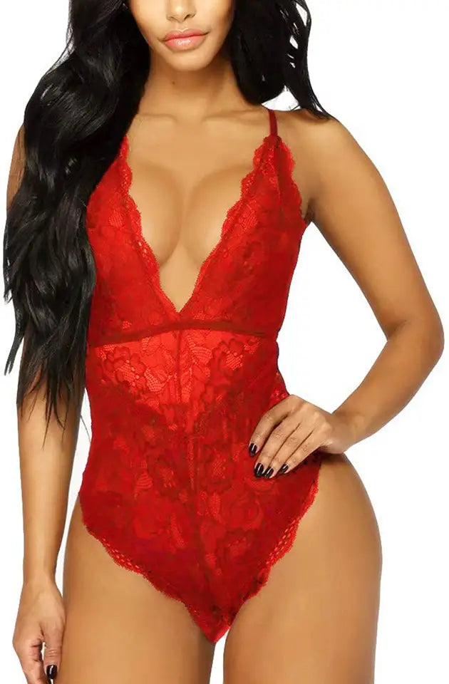 Youngwill Women Sexy Lace Deep V Bodysuit  Lingerie